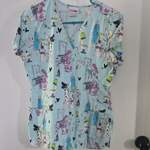 Cherokee Light Blue Cartoon Print Scrub Top